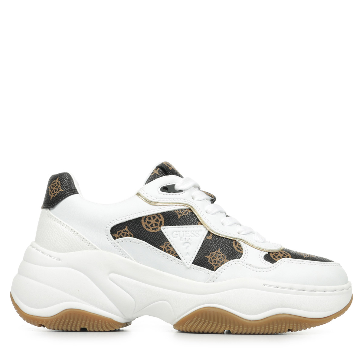 Baskets GUESS Femme Blanc Avec Détails Marron - Semelle En Caoutchouc, Style Platform Chunky | Logo GUESS Côtés, Confortable Et Tendance | Pour Un Look Urbain Et Décontracté